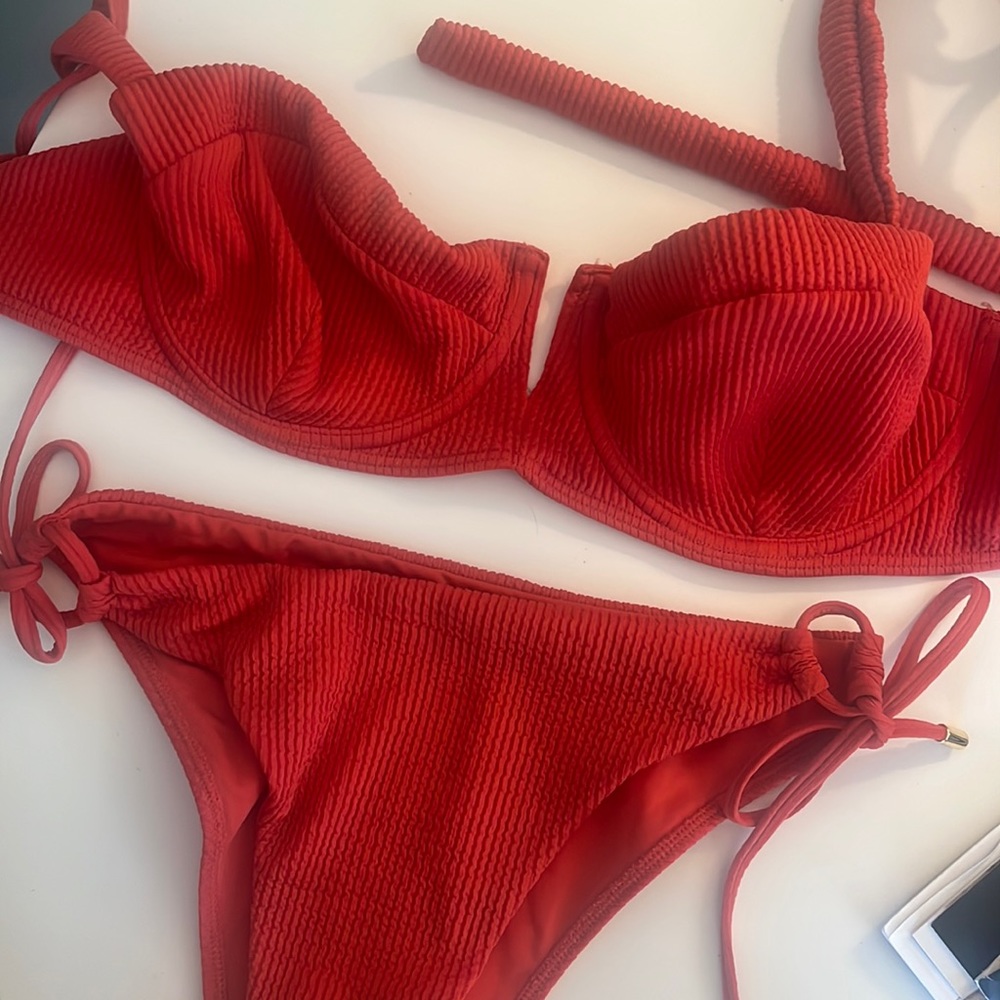 MONDAY SWIMWEAR- ribbed coral bikini, clovelly top with Palma (similar) bottom